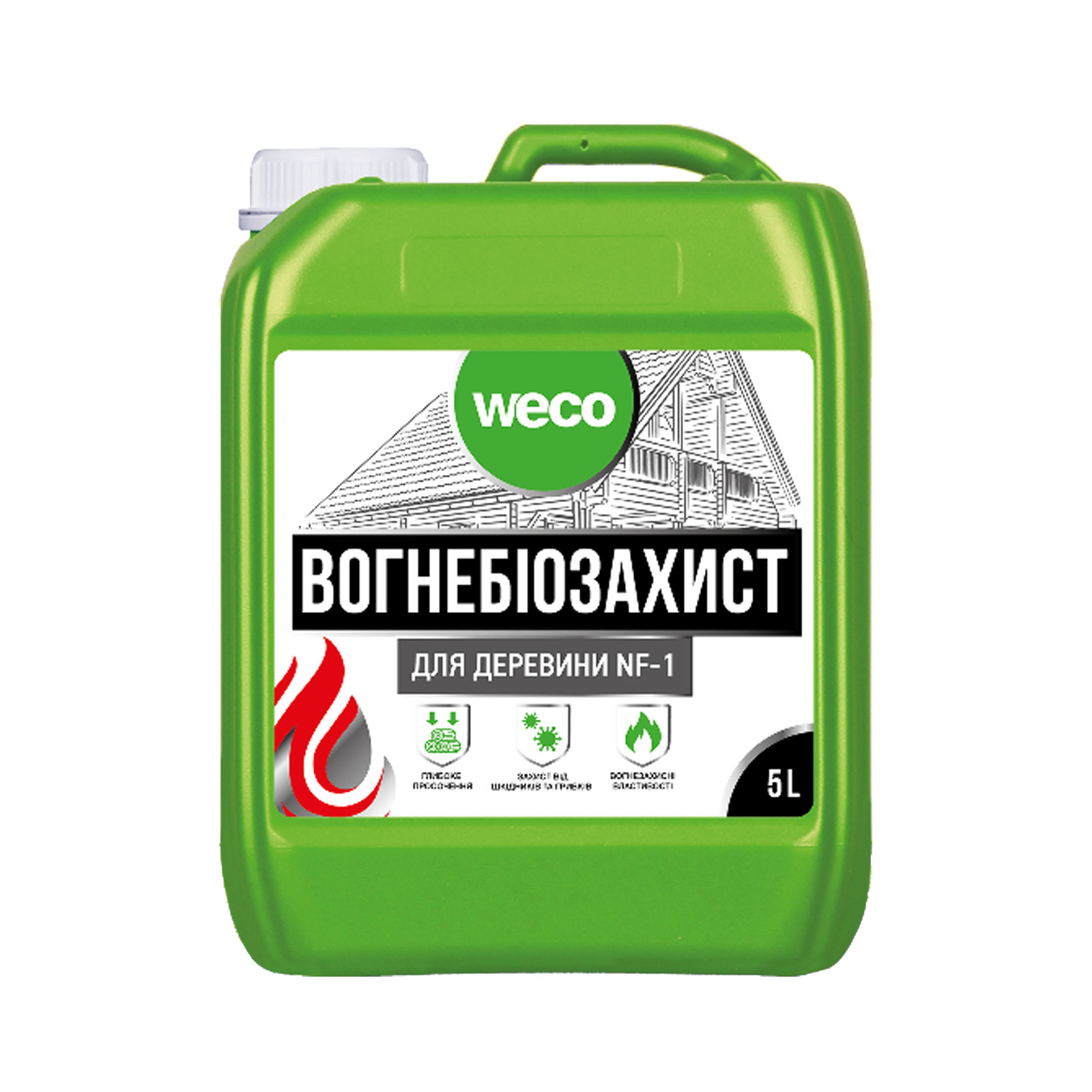 Weco – ხის ცეცხსაწინააღმდეგო ხსნარი ანტისეპტიკით (უფერო) -5 ლიტრი — ხის საფარები
